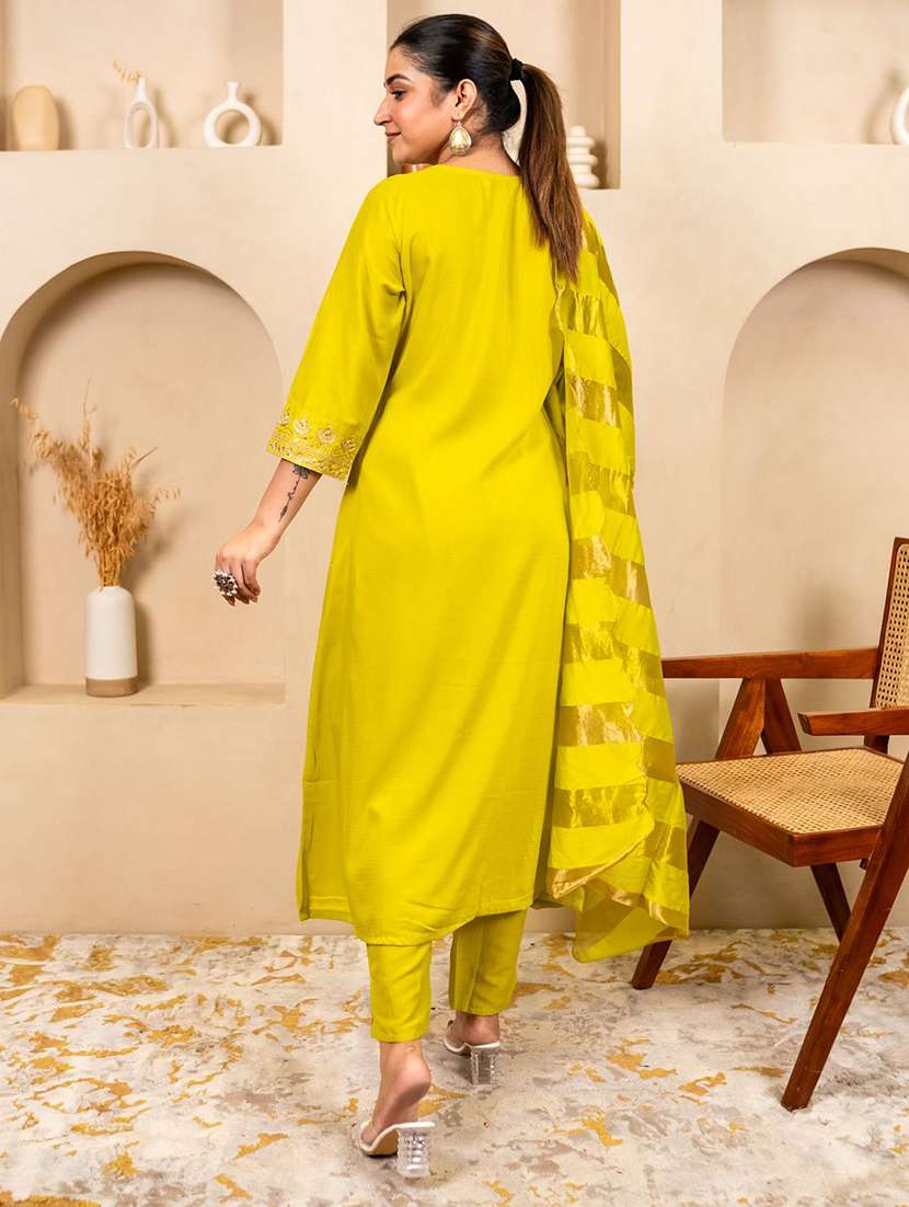 women solid with work three quarter sleeve kurta pant with dupatta set - 22322208 -  Standard Image - 2
