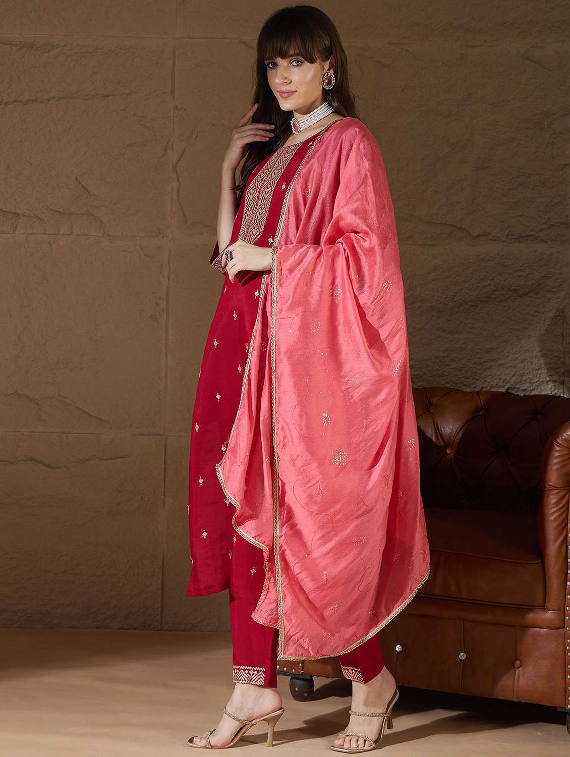 women solid with work three quarter sleeve kurta pant with dupatta set - 22322220 -  Standard Image - 2
