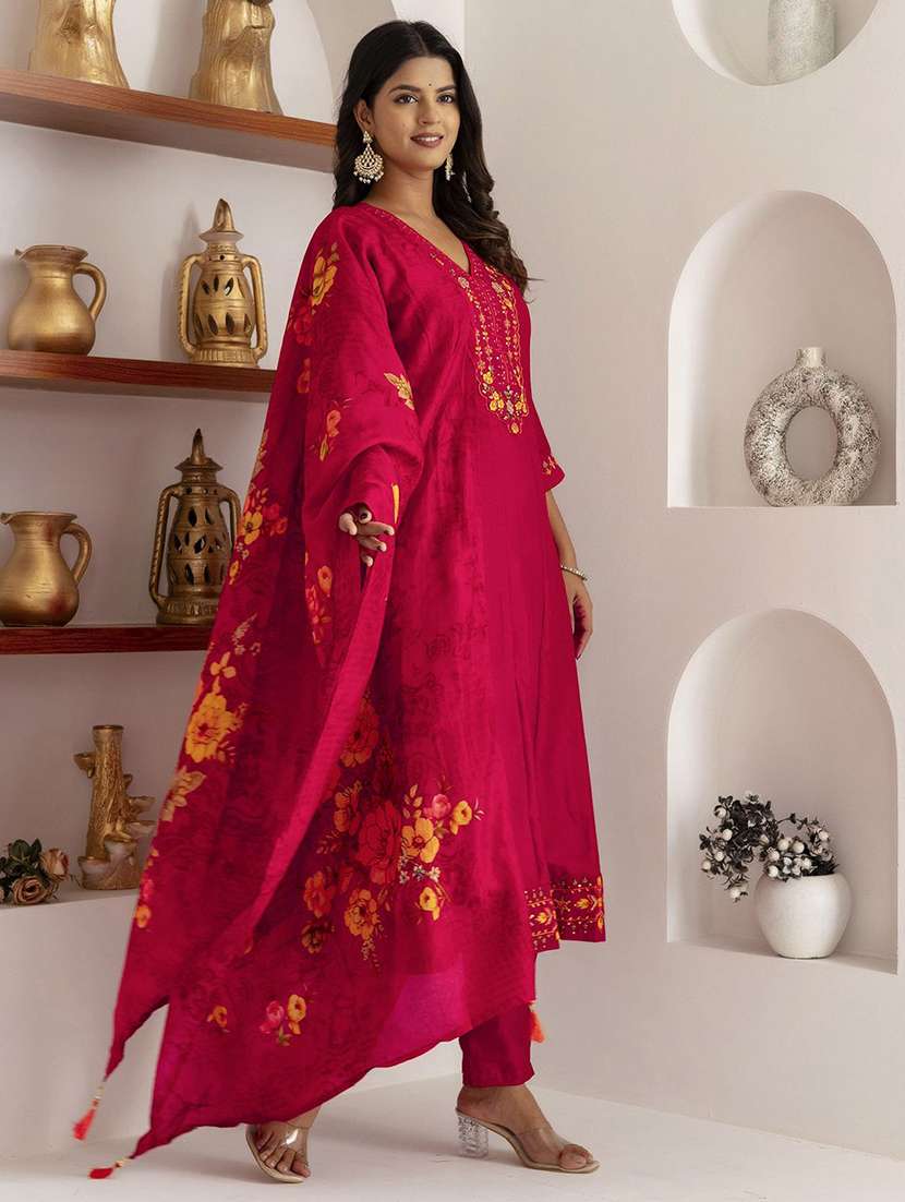 women solid with work three quarter sleeve kurta pant with dupatta set - 22322228 -  Standard Image - 2