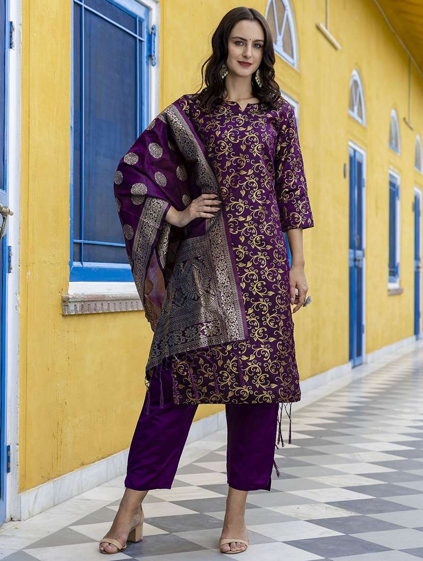 women self design three quarter sleeve kurta pant with dupatta set