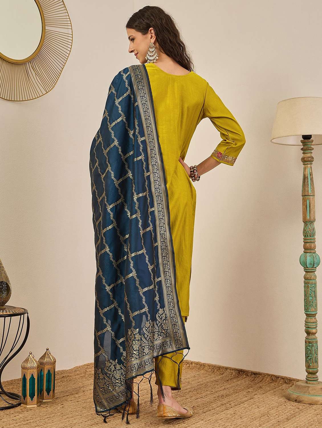 women solid with work three quarter sleeve kurta pant with dupatta set - 22322245 -  Standard Image - 2