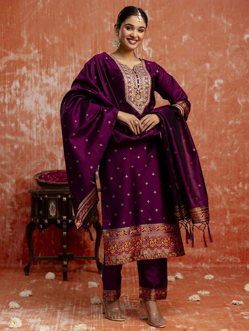 Women Self Design Three Quarter Sleeve Kurta Pant With Dupatta Set - 22322246 -  Standard Image - 2
