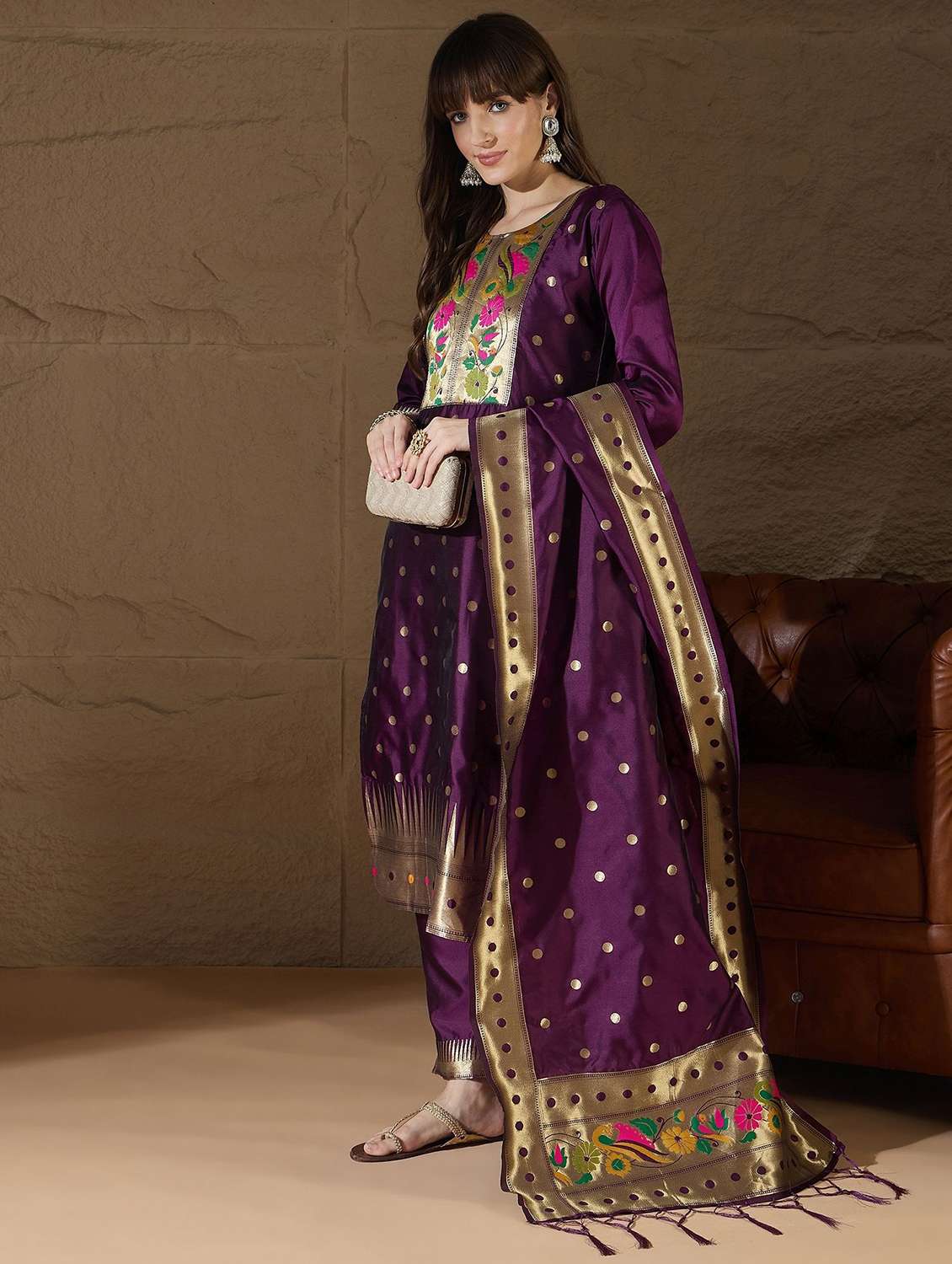women self design three quarter sleeve kurta pant with dupatta set