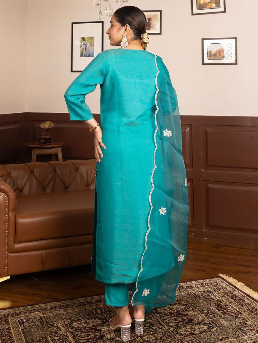 women solid with work three quarter sleeve kurta pant with dupatta set - 22322275 -  Standard Image - 2