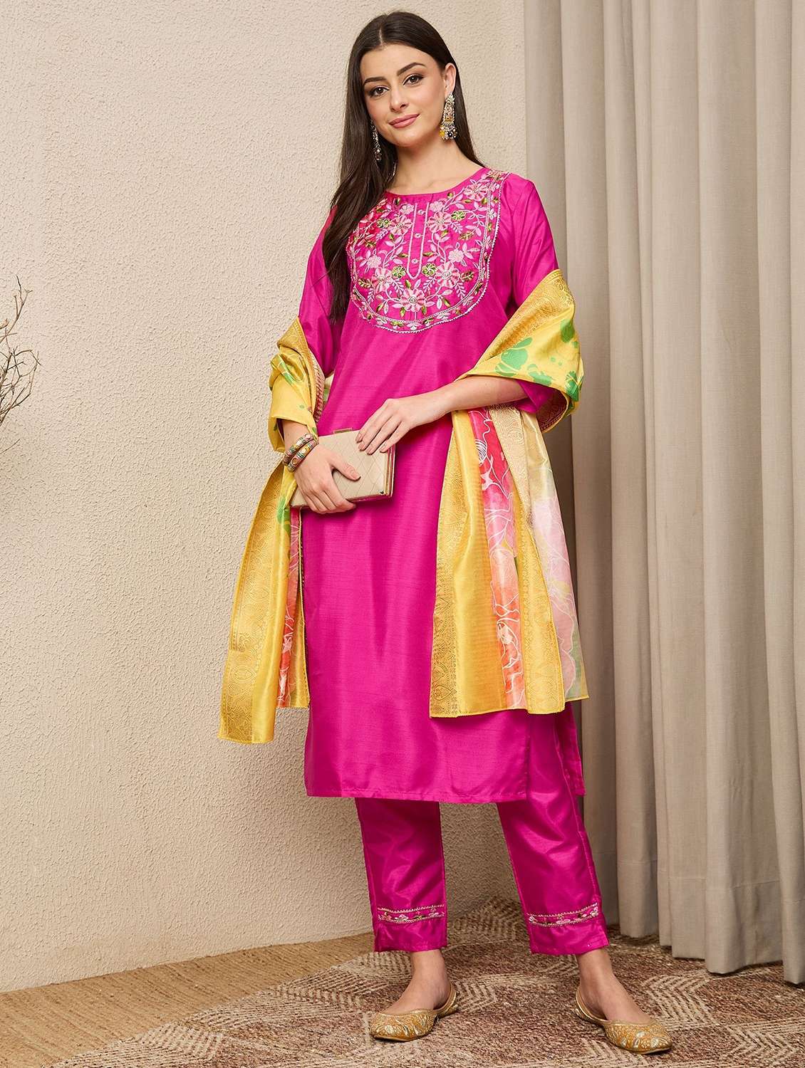 women solid with work three quarter sleeve kurta pant with dupatta set