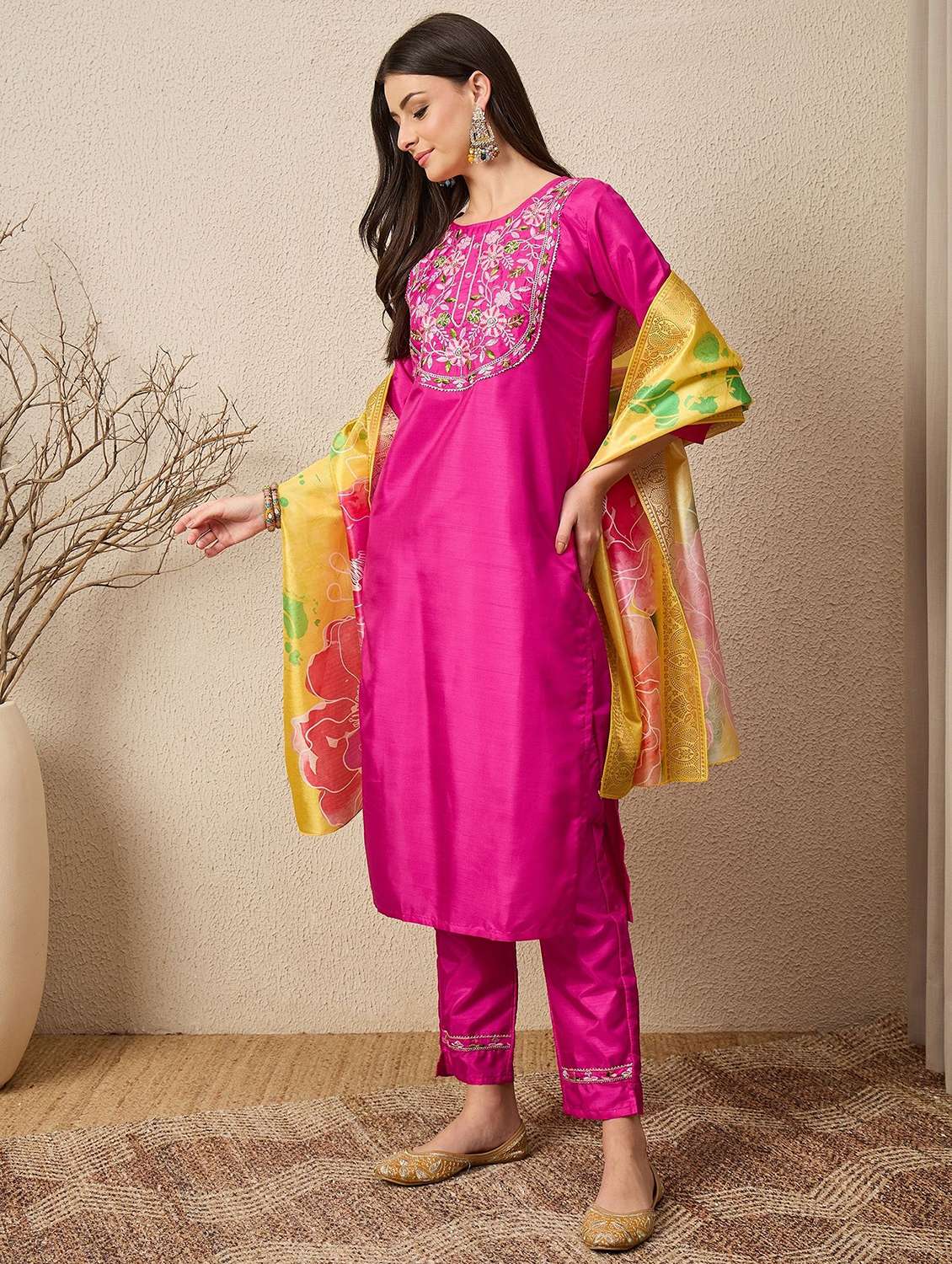 women solid with work three quarter sleeve kurta pant with dupatta set - 22322282 -  Standard Image - 2