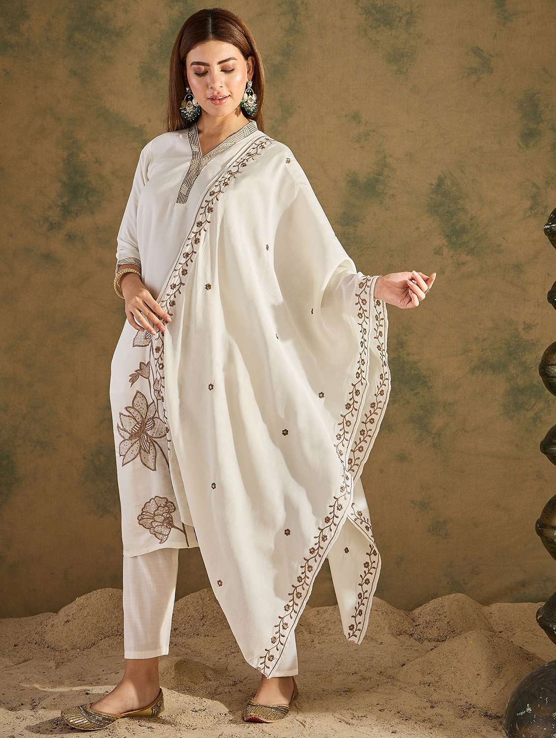 women solid with work three quarter sleeve kurta pant with dupatta set - 22322283 -  Standard Image - 2