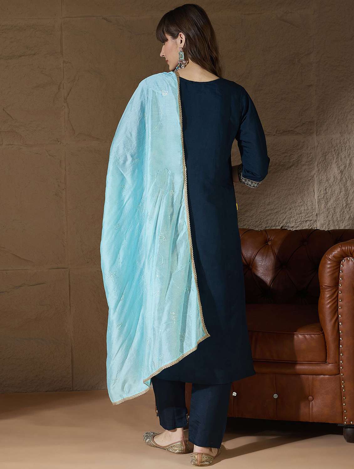 women solid with work three quarter sleeve kurta pant with dupatta set - 22322286 -  Standard Image - 2