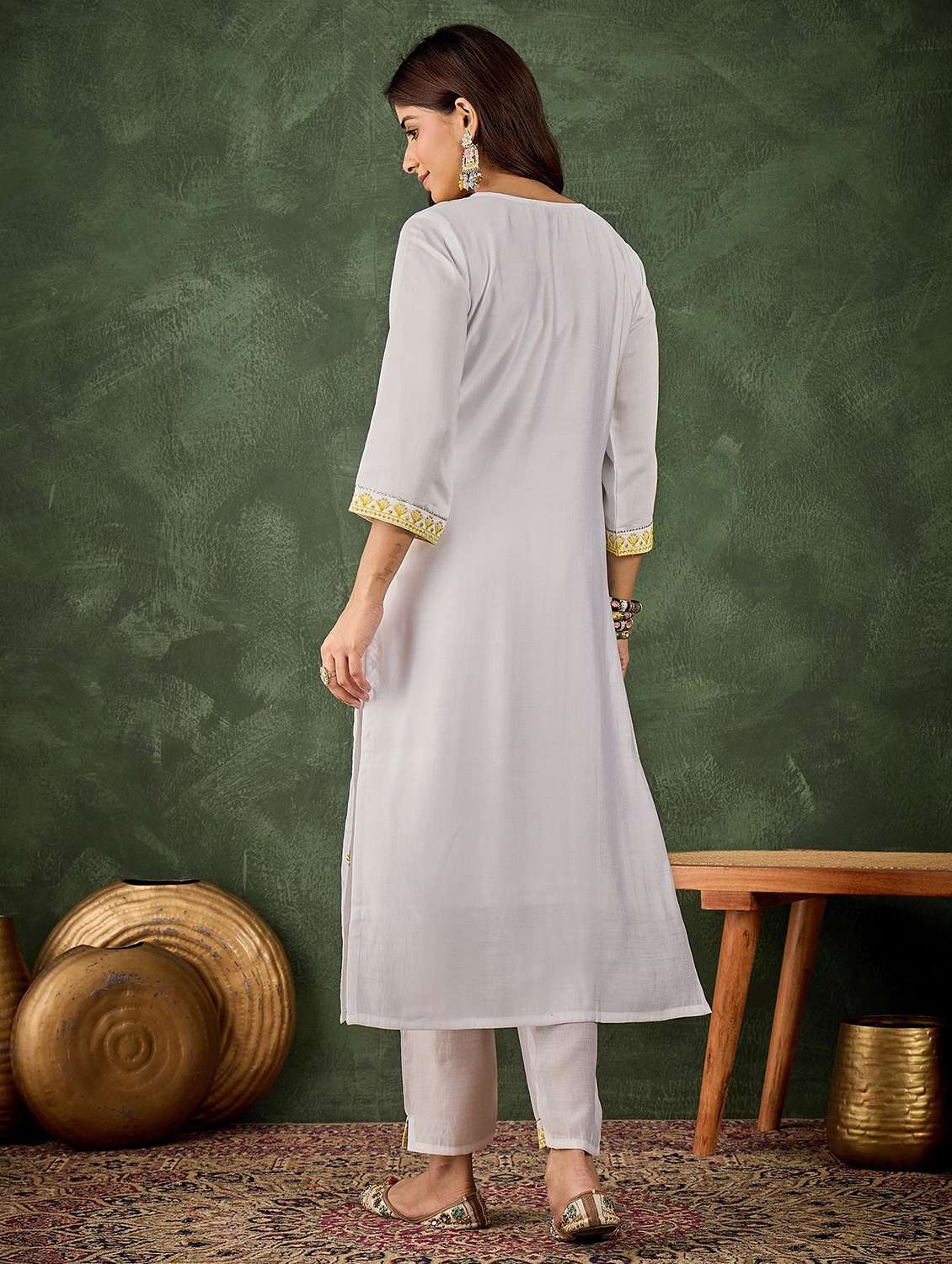 women solid with work three quarter sleeve kurta pant set - 22322292 -  Standard Image - 2