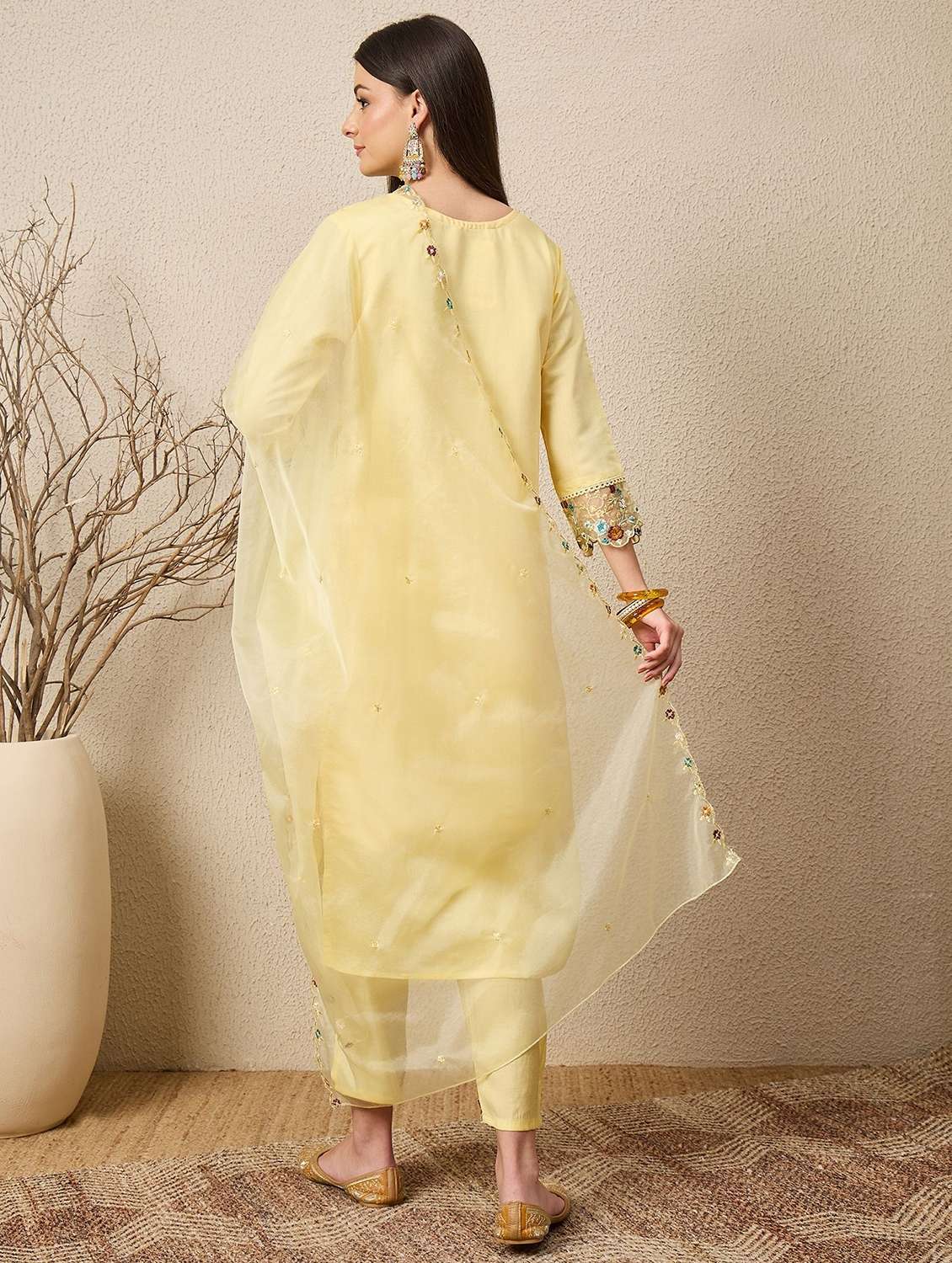 women solid with work three quarter sleeve kurta pant with dupatta set - 22322298 -  Standard Image - 2