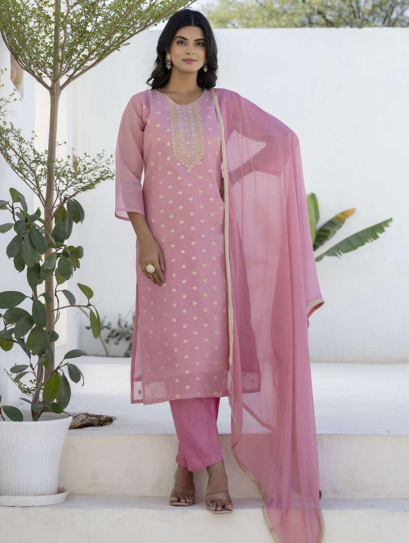 women self design three quarter sleeve kurta pant with dupatta set