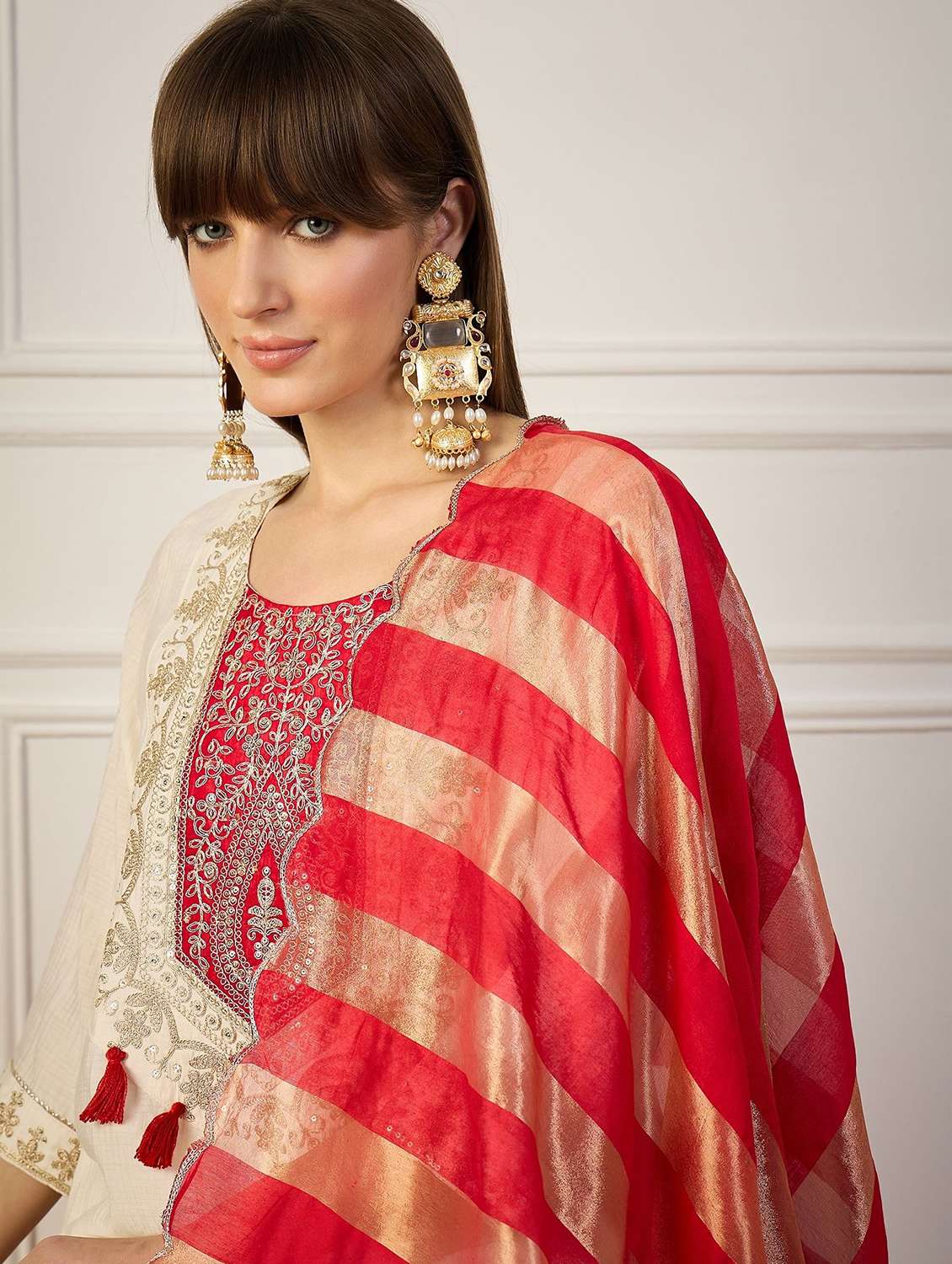 women solid with work three quarter sleeve kurta pant with dupatta set - 22322307 -  Standard Image - 2