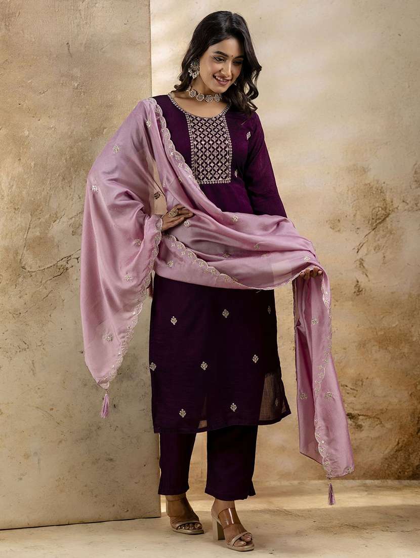 women solid with work three quarter sleeve kurta pant with dupatta set - 22322310 -  Standard Image - 2