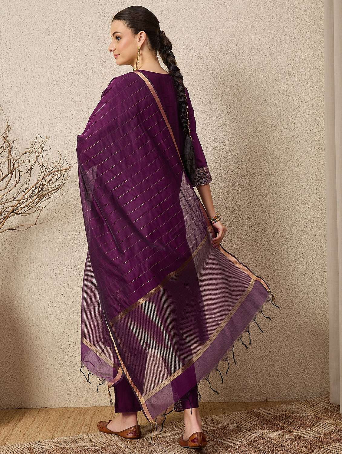 women solid with work round neck kurta pant with dupatta set  - 22322311 -  Standard Image - 2