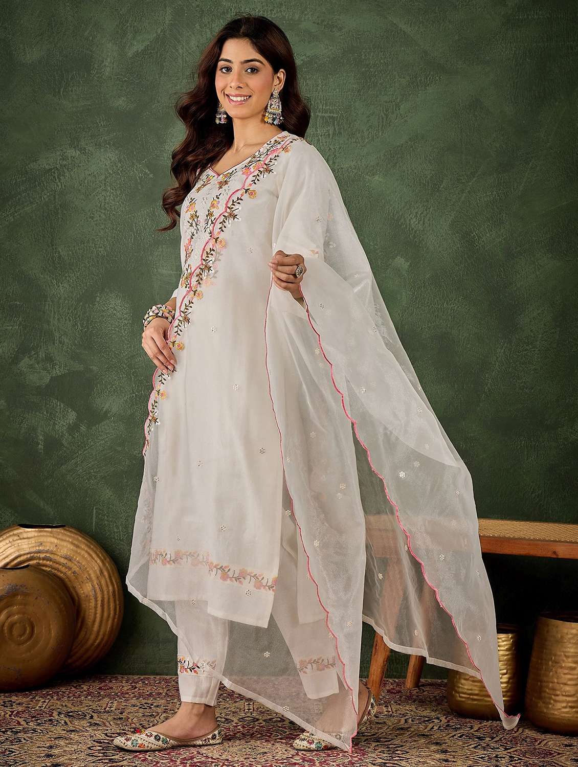 women solid with work three quarter sleeve kurta pant with dupatta set - 22322314 -  Standard Image - 2