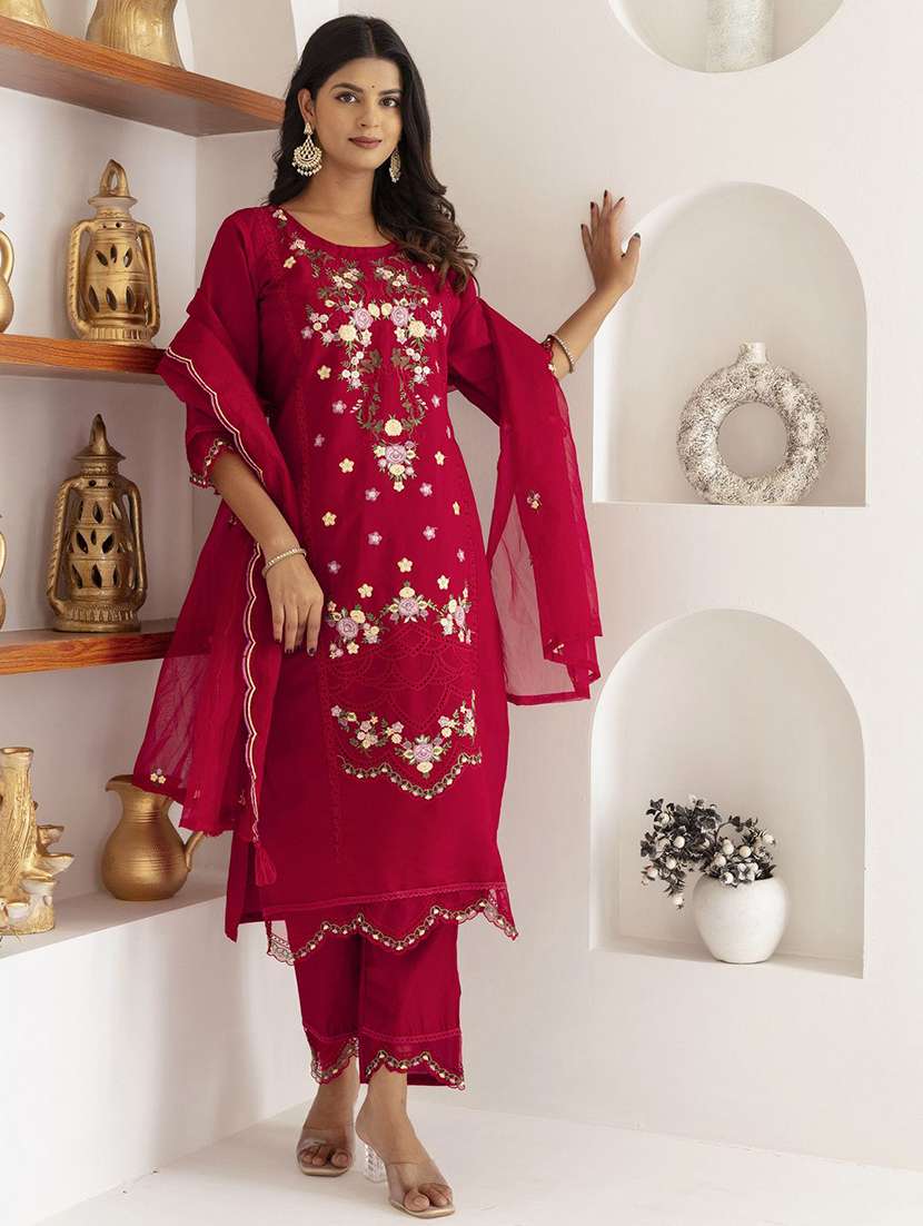 women solid with work round neck kurta pant with dupatta set  - 22322319 -  Standard Image - 2