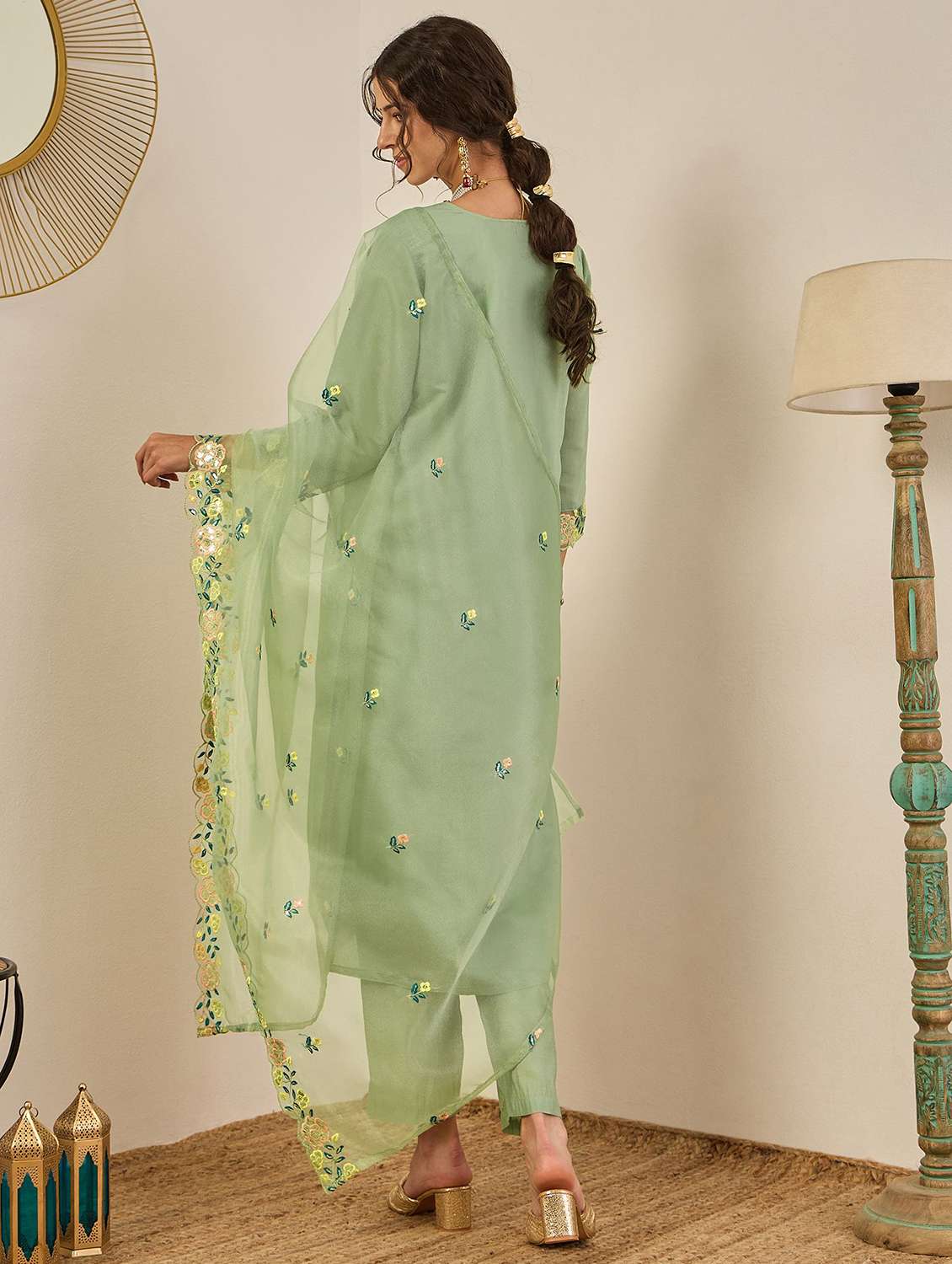 women solid with work three quarter sleeve kurta pant with dupatta set - 22322336 -  Standard Image - 2