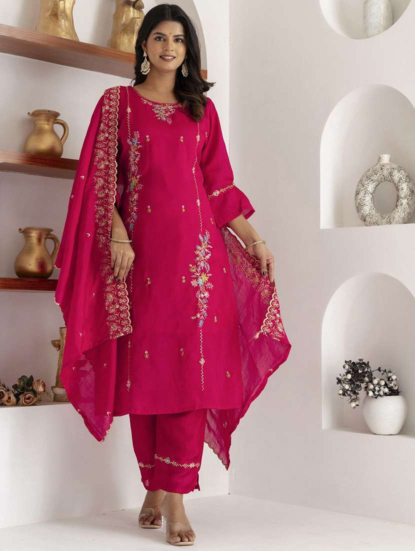 women solid with work three quarter sleeve kurta pant with dupatta set - 22322338 -  Standard Image - 2