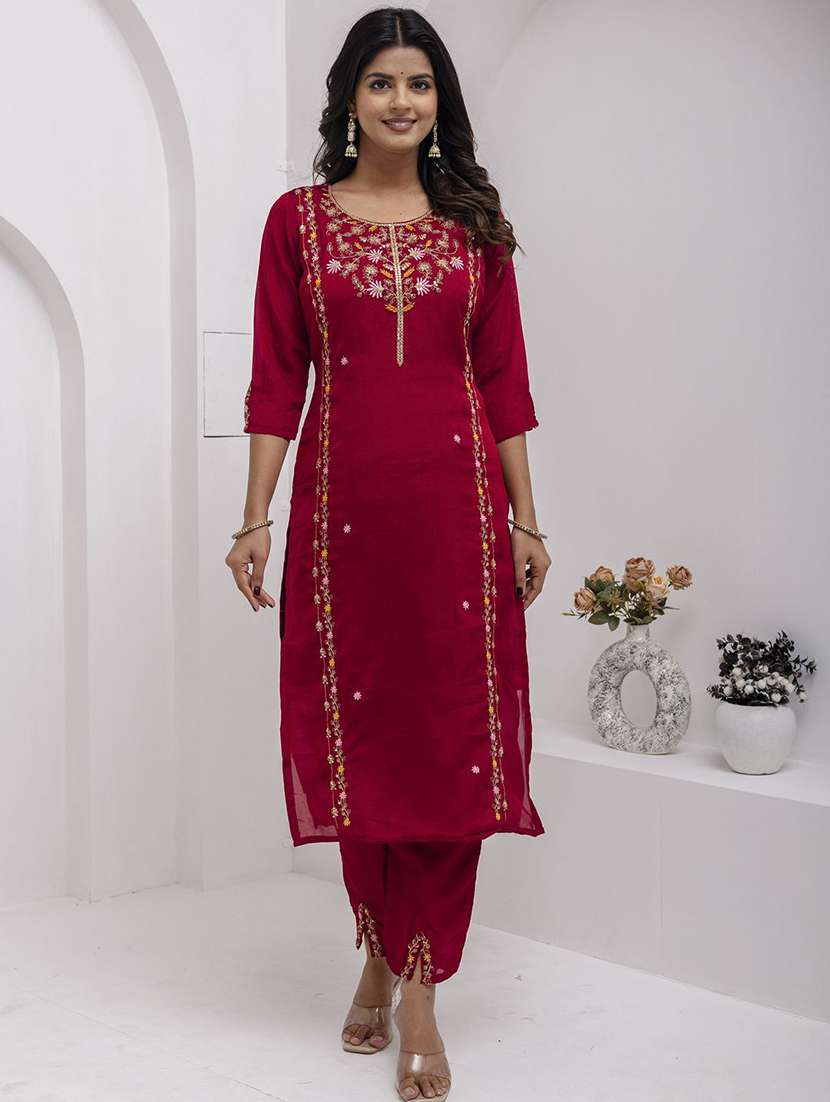 women solid with work three quarter sleeve kurta pant with dupatta set - 22322348 -  Standard Image - 2