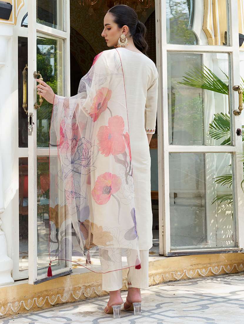 women solid with work three quarter sleeve kurta pant with dupatta set - 22322352 -  Standard Image - 2