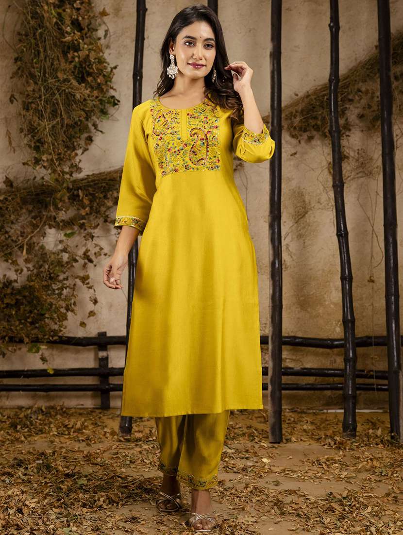 Women Solid With Work Three Quarter Sleeve Kurta Pant With Dupatta Set - 22322354 -  Standard Image - 2