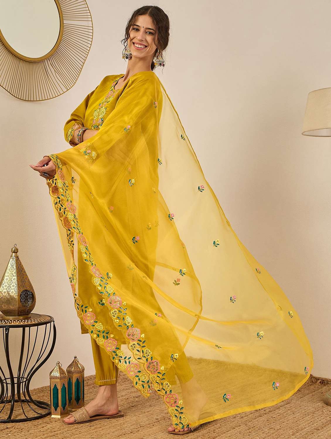 women solid with work three quarter sleeve kurta pant with dupatta set - 22322356 -  Standard Image - 2