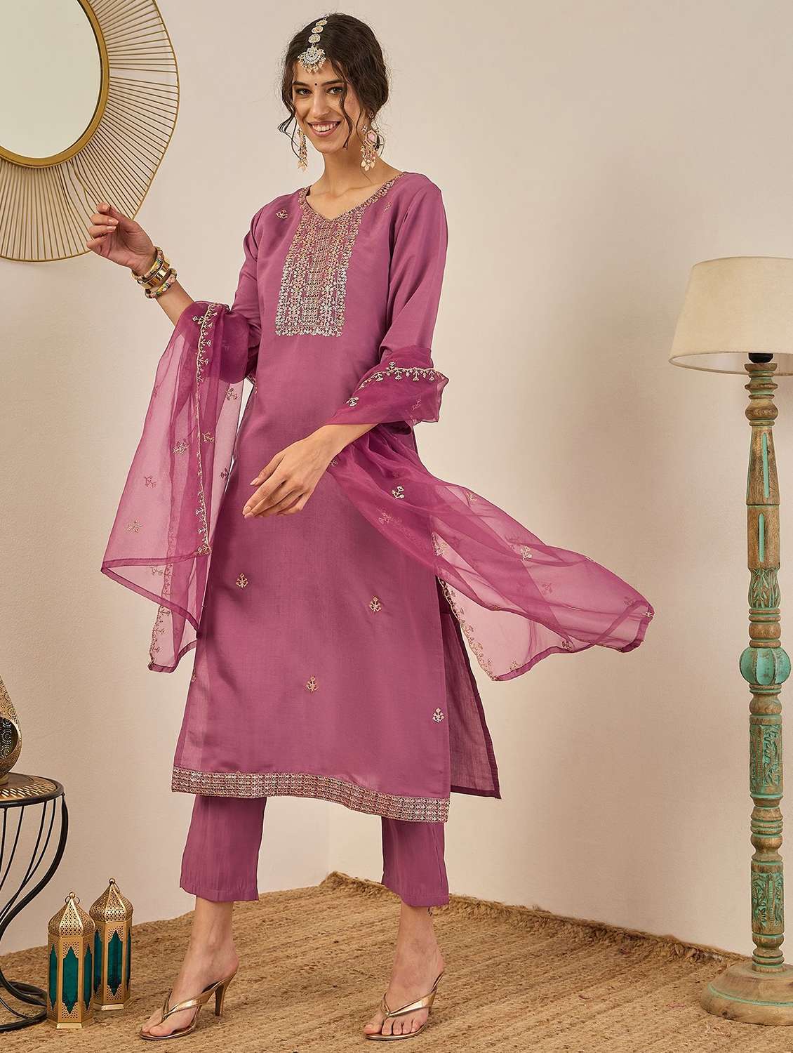 women solid with work three quarter sleeve kurta pant with dupatta set - 22322358 -  Standard Image - 2