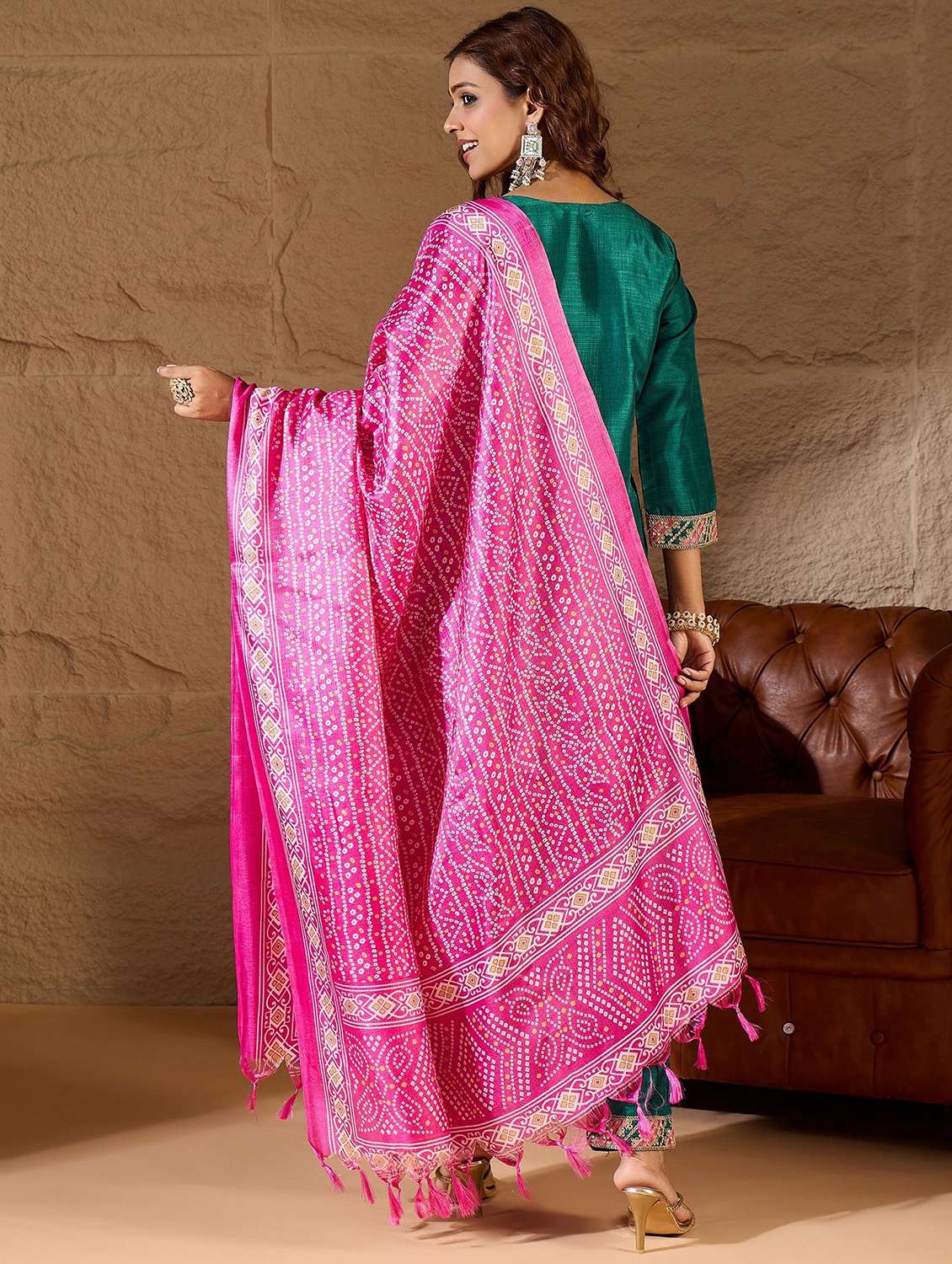 women solid with work three quarter sleeve kurta pant with dupatta set - 22322359 -  Standard Image - 2