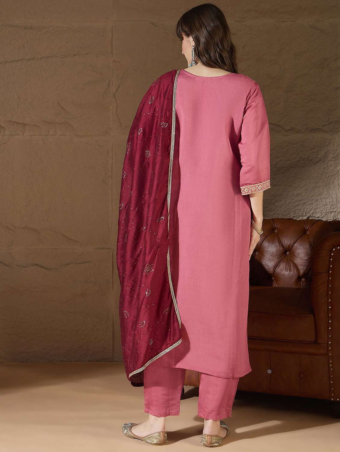 Women Solid With Work Three Quarter Sleeve Kurta Pant With Dupatta Set - 22322360 -  Standard Image - 2