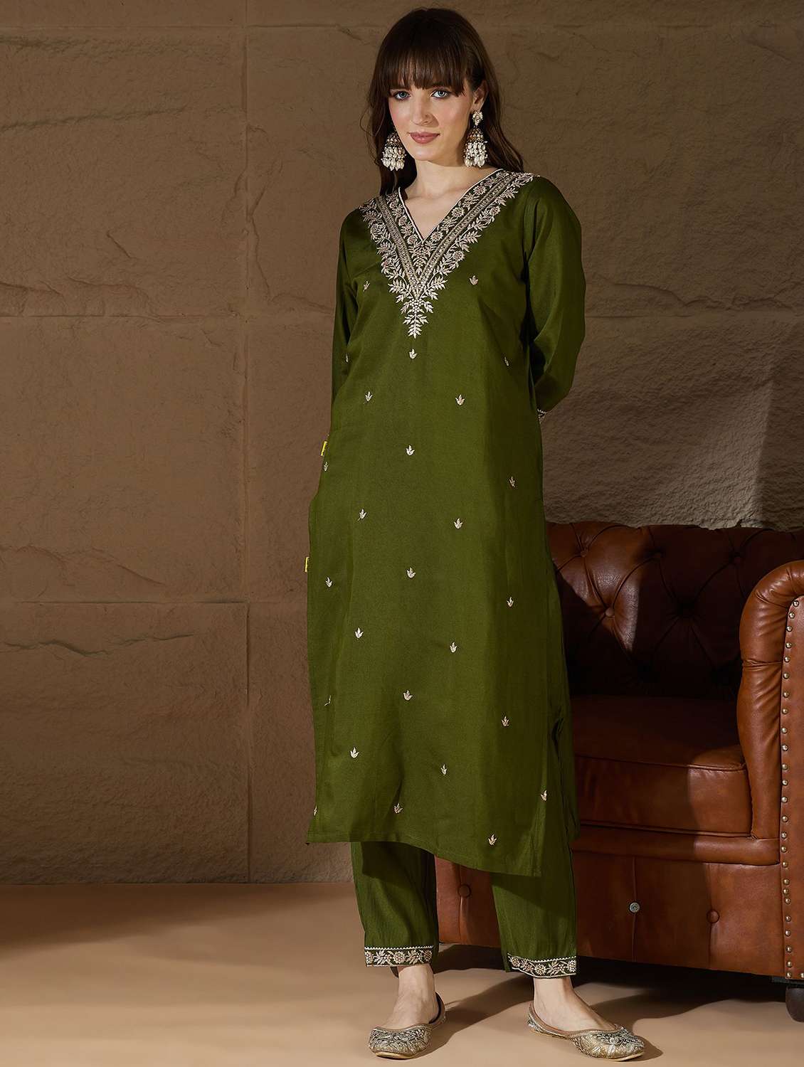 women solid with work three quarter sleeve kurta pant with dupatta set - 22322361 -  Standard Image - 2