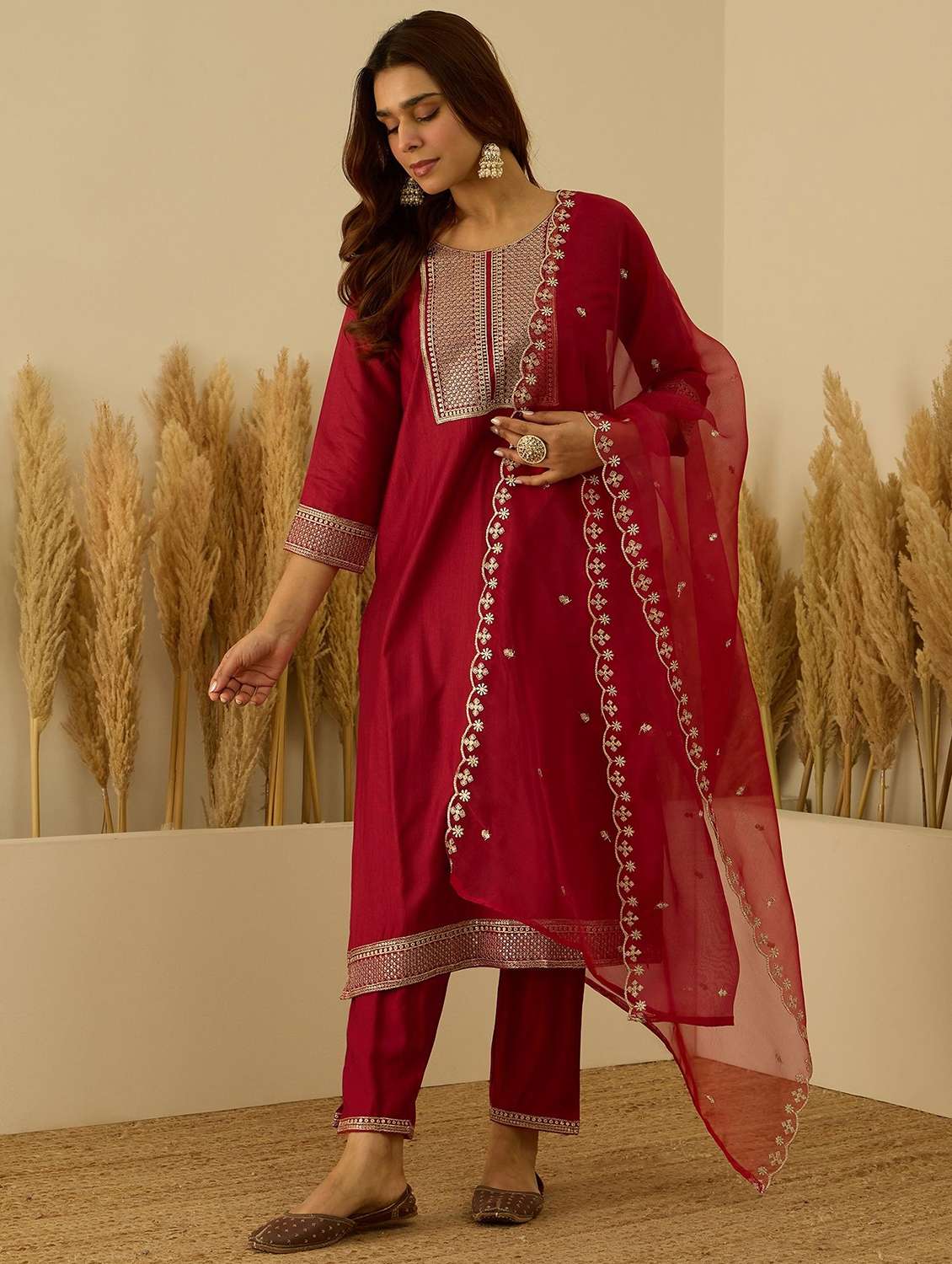women solid with work three quarter sleeve kurta pant with dupatta set