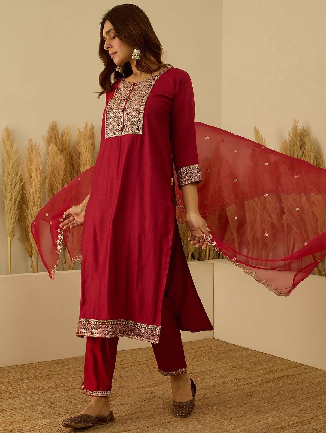 women solid with work three quarter sleeve kurta pant with dupatta set - 22322368 -  Standard Image - 2