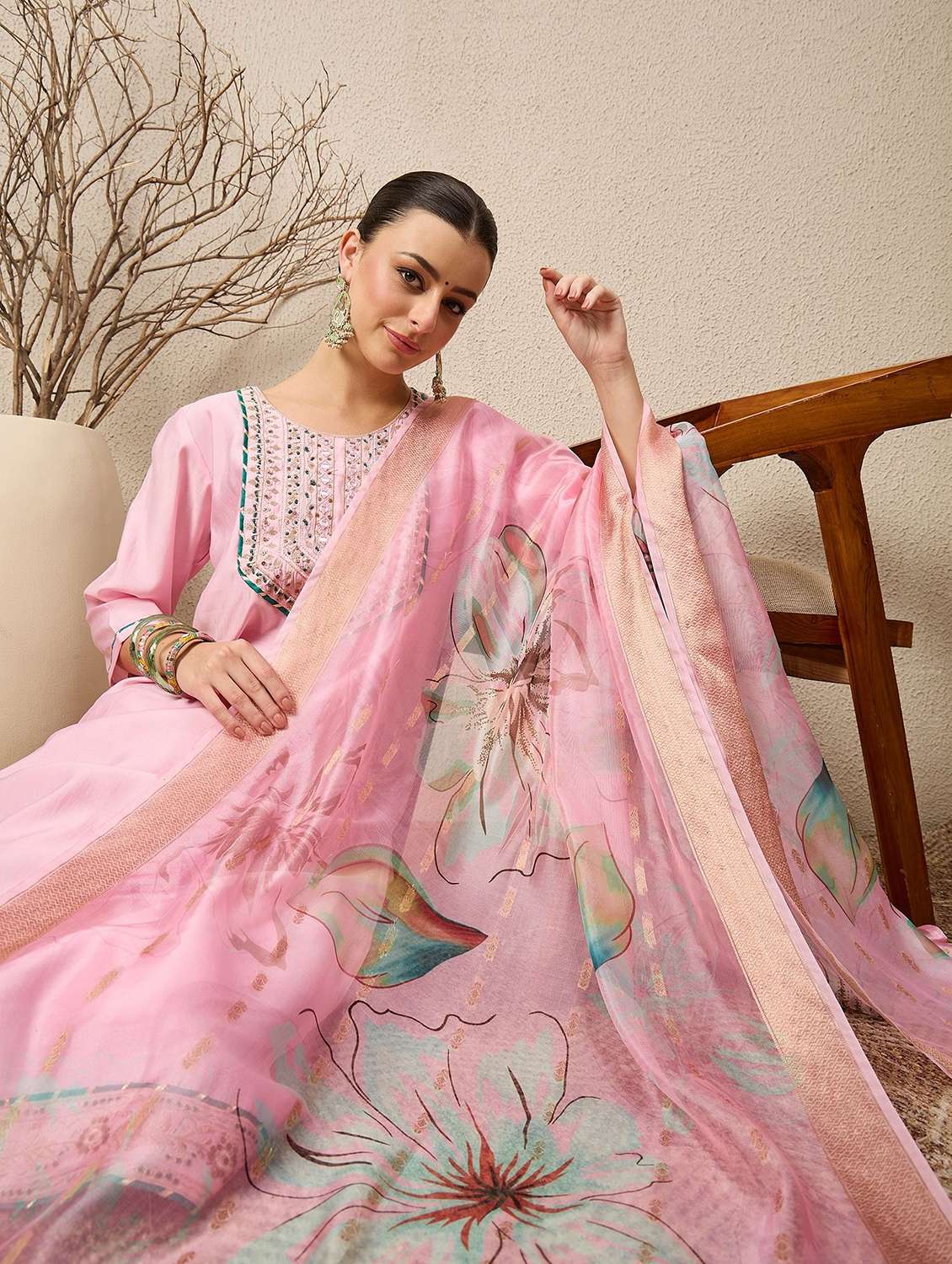 women solid with work three quarter sleeve kurta pant with dupatta set - 22322369 -  Standard Image - 2
