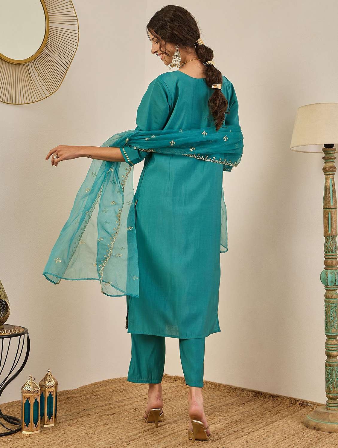 women solid with work three quarter sleeve kurta pant with dupatta set - 22322373 -  Standard Image - 2
