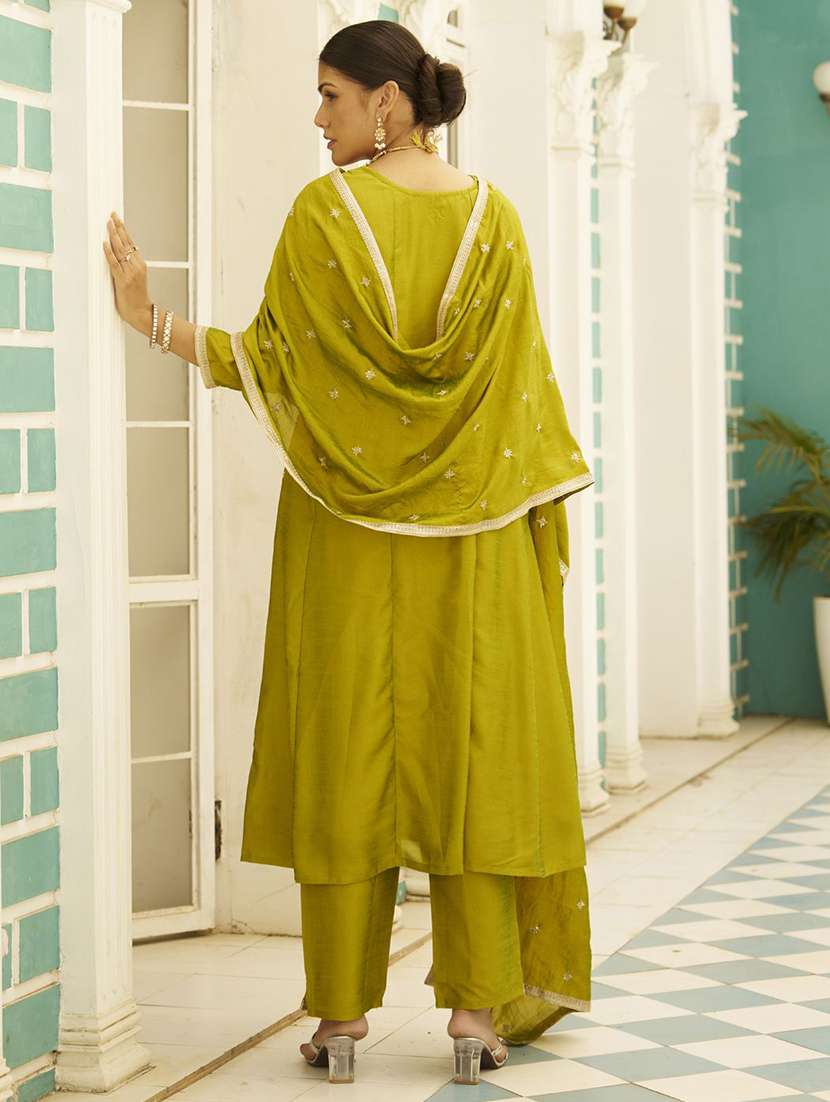 women solid with work three quarter sleeve kurta pant with dupatta set - 22322375 -  Standard Image - 2