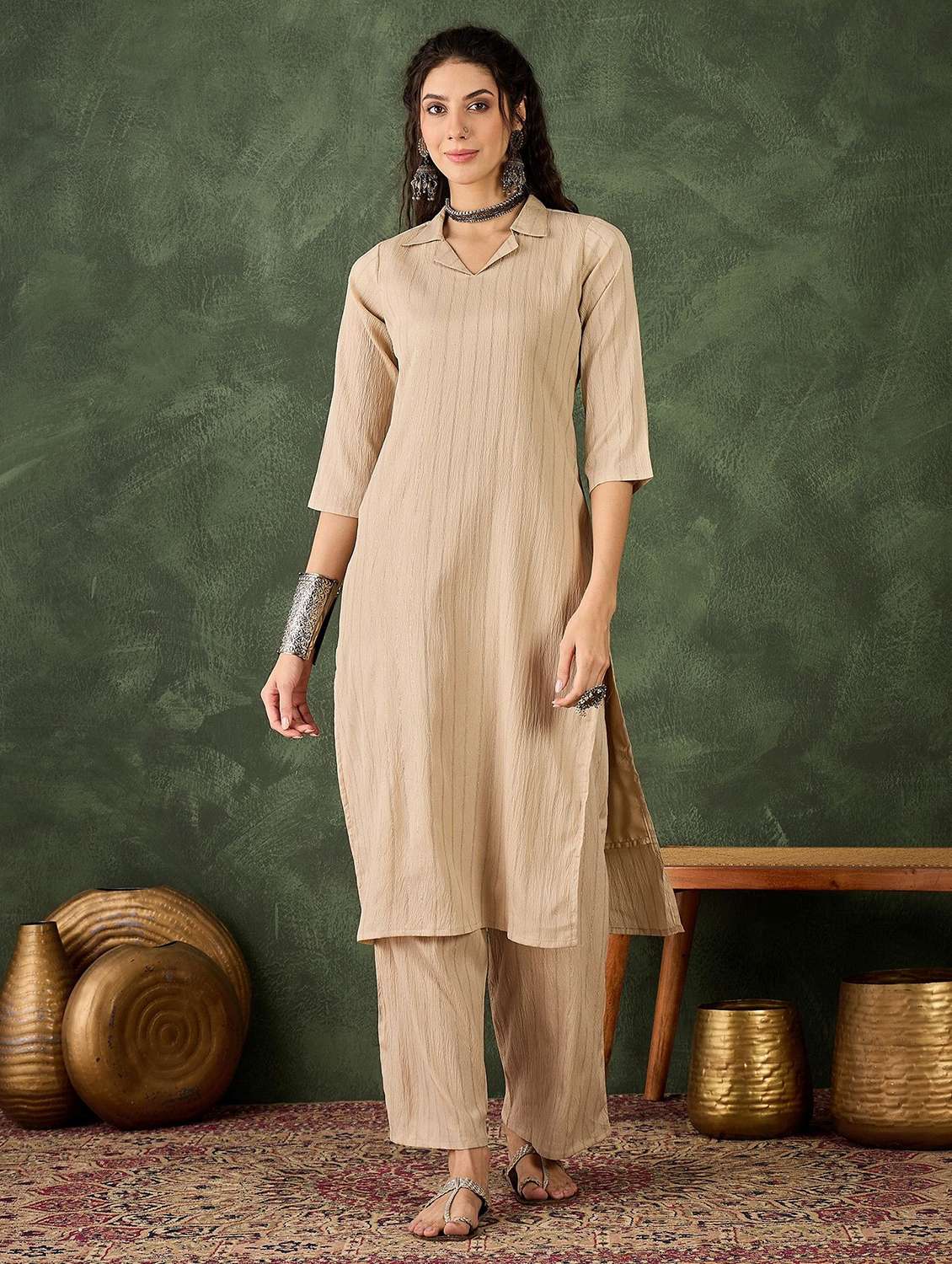 women self design three quarter sleeve kurta pant set - 22322378 -  Standard Image - 2