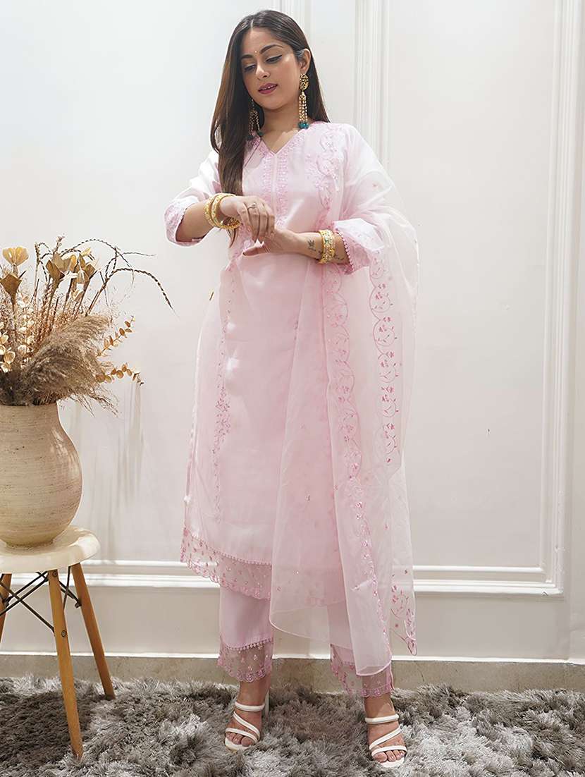 women solid with work three quarter sleeve kurta pant with dupatta set - 22322379 -  Standard Image - 2