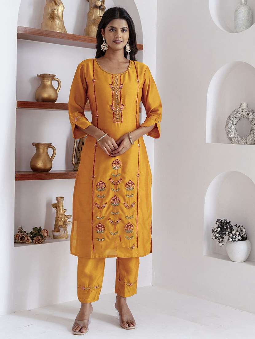 Women Solid With Work Three Quarter Sleeve Kurta Pant With Dupatta Set - 22322380 -  Standard Image - 2