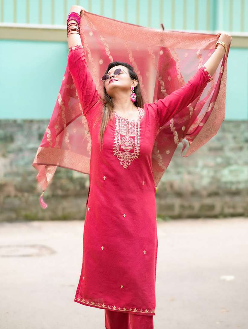 women solid with work three quarter sleeve kurta pant with dupatta set - 22322394 -  Standard Image - 2