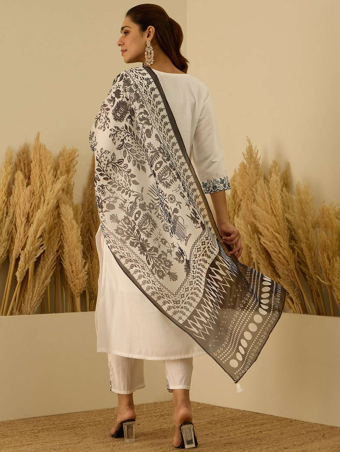 women solid with work three quarter sleeve kurta pant with dupatta set - 22322395 -  Standard Image - 2