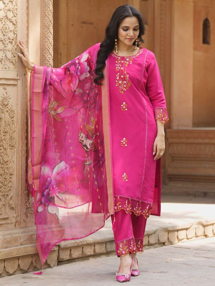 women solid with work three quarter sleeve kurta pant with dupatta set - 22322408 -  Standard Image - 2