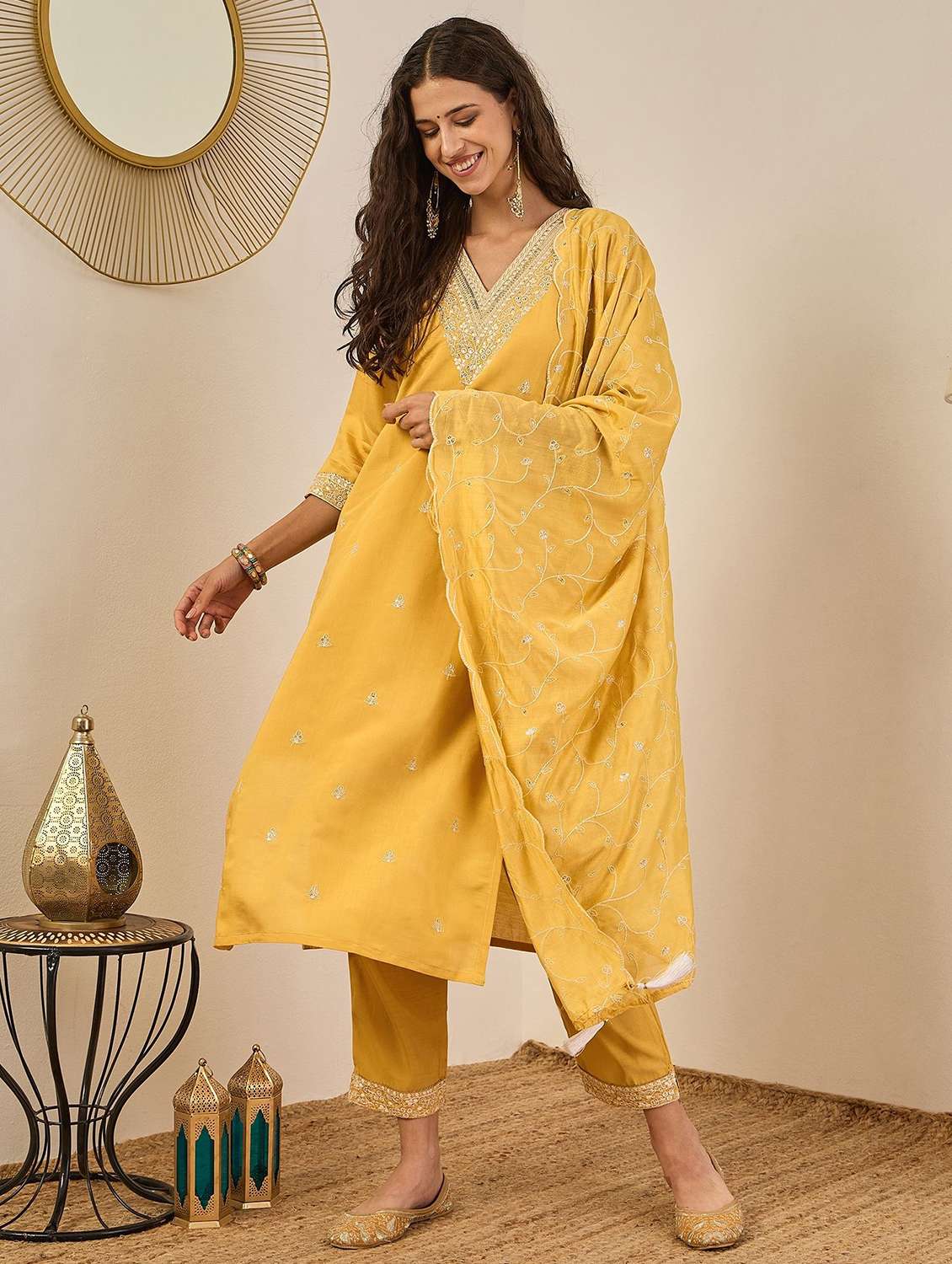 women solid with work three quarter sleeve kurta pant with dupatta set - 22322418 -  Standard Image - 2