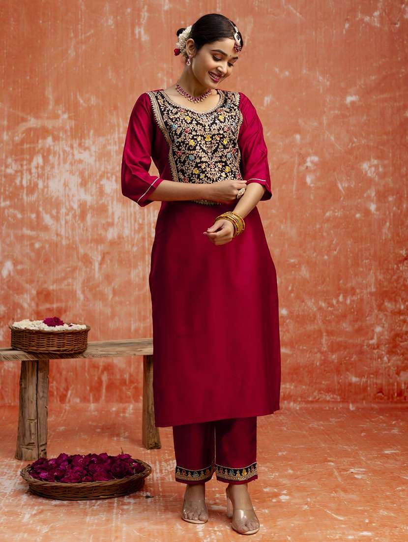 women solid with work three quarter sleeve kurta pant with dupatta set - 22322420 -  Standard Image - 2
