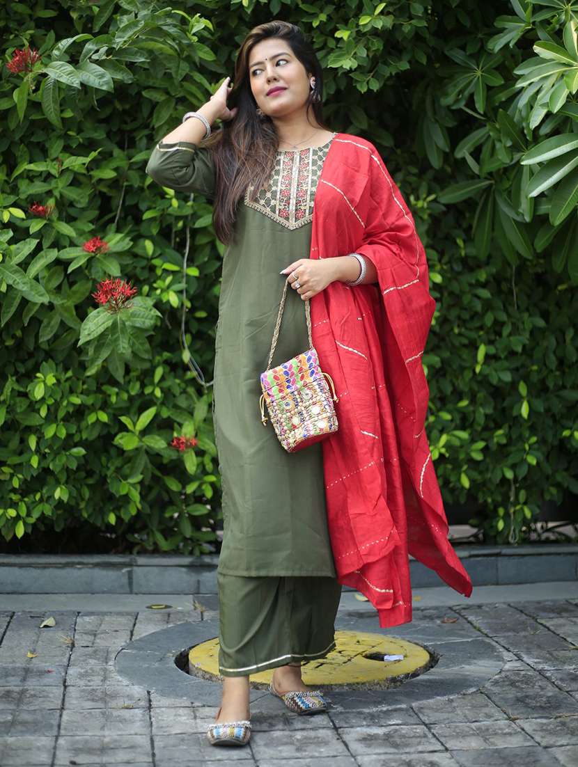 women solid with work three quarter sleeve kurta pant with dupatta set - 22322423 -  Standard Image - 2