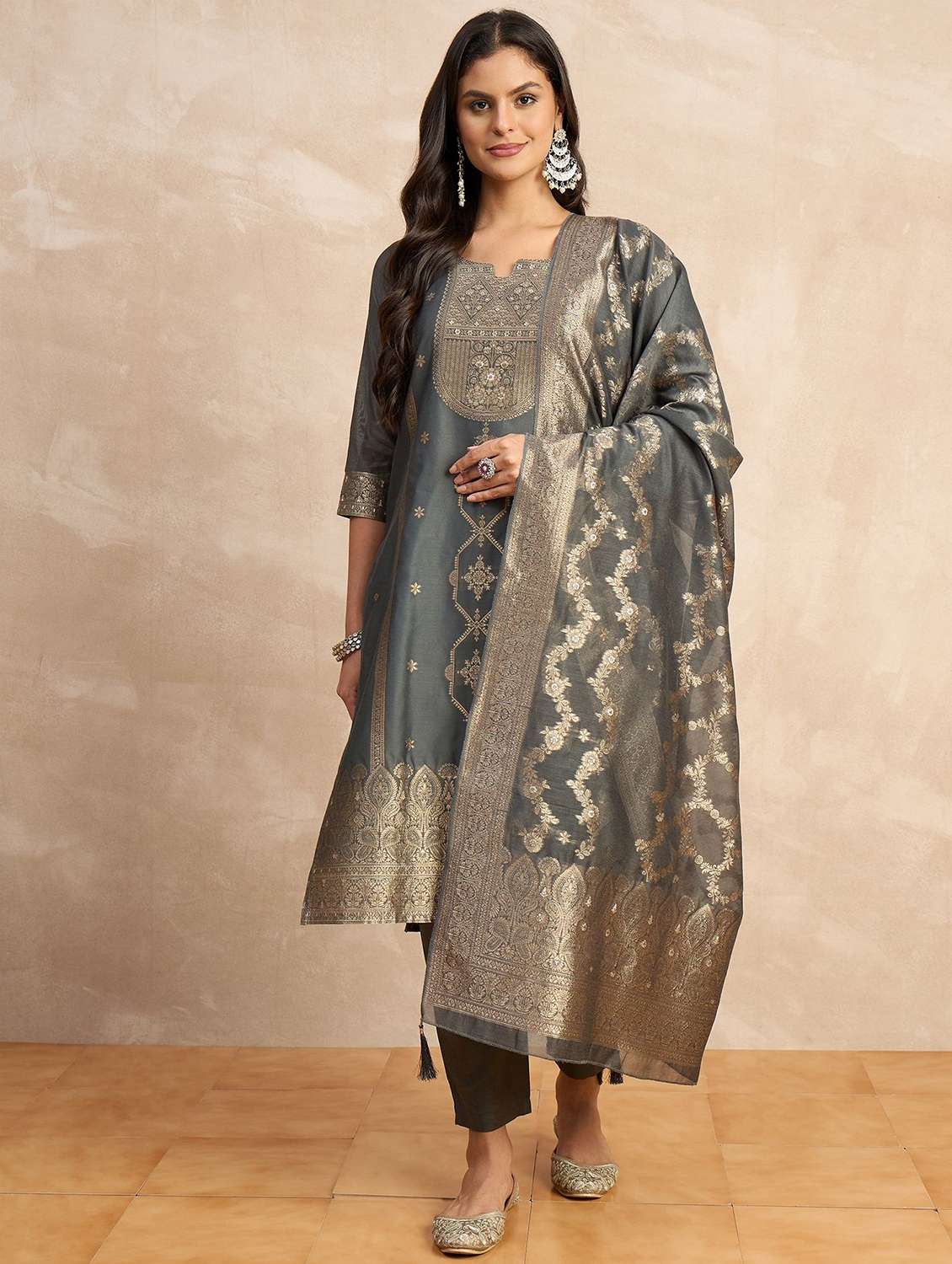 women self design three quarter sleeve kurta pant with dupatta set
