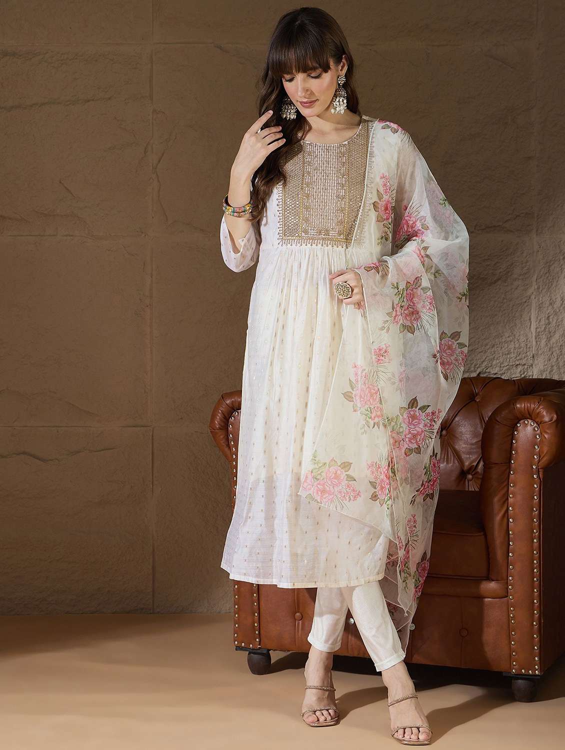 women self design three quarter sleeve kurta pant with dupatta set