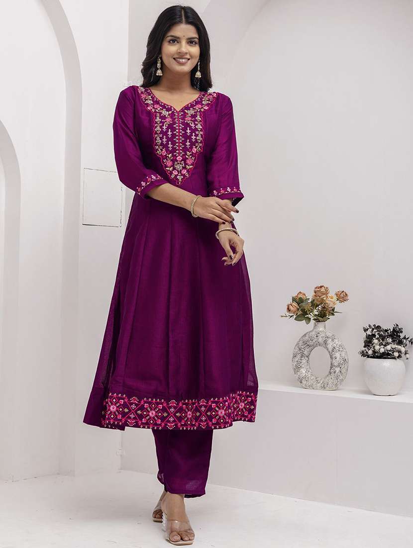women solid with work three quarter sleeve kurta pant with dupatta set - 22322432 -  Standard Image - 2