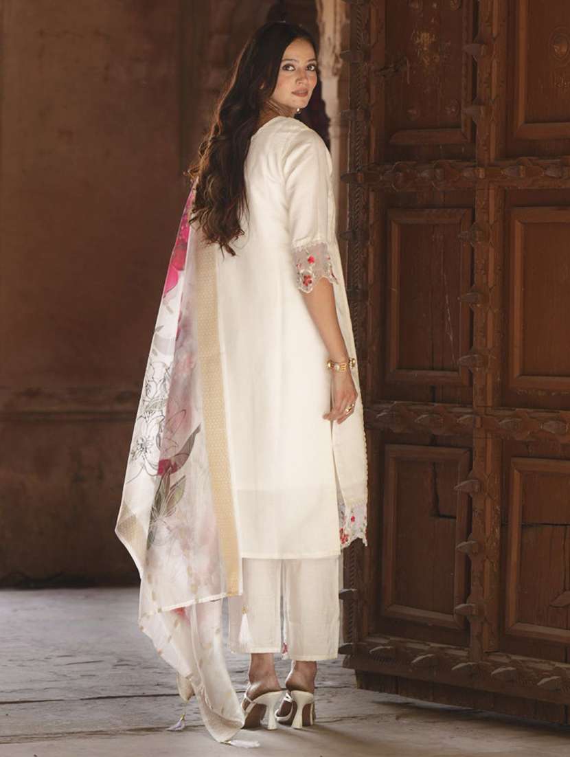 women solid with work three quarter sleeve kurta pant with dupatta set - 22322440 -  Standard Image - 2