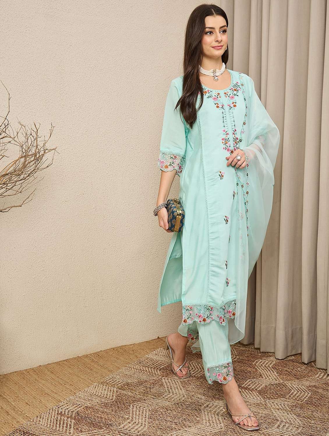 women solid with work three quarter sleeve kurta pant with dupatta set - 22322453 -  Standard Image - 2