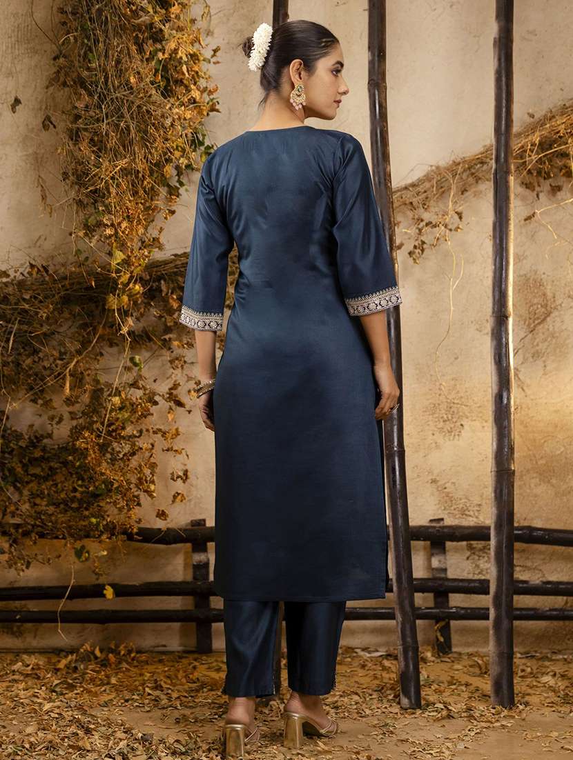 women solid with work three quarter sleeve kurta pant with dupatta set - 22322455 -  Standard Image - 2